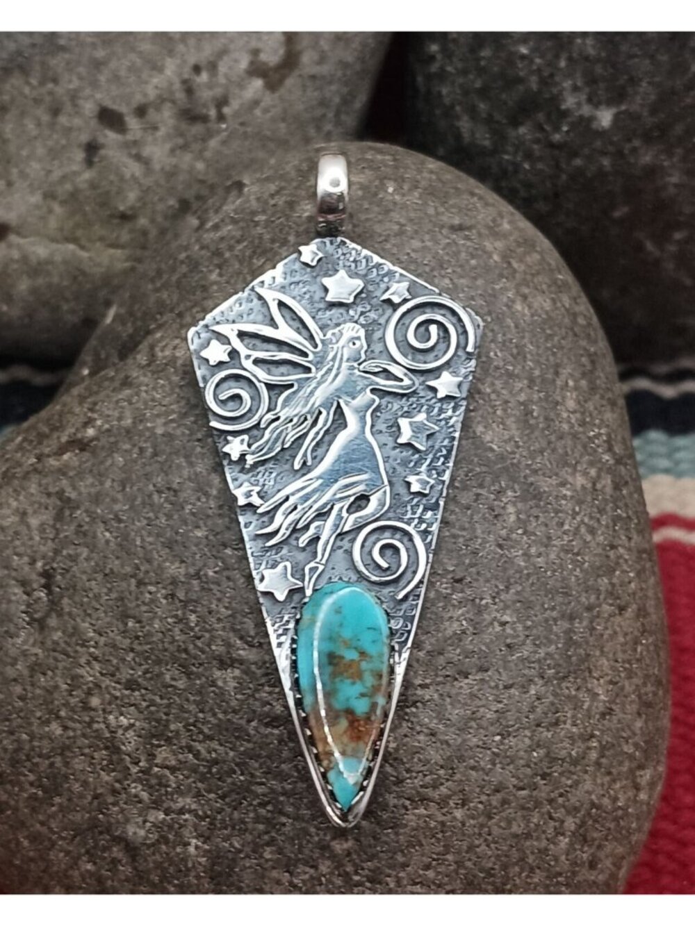 Whimsical Handmade Sterling Silver Fairy Pendant Necklace Turquoise Moon Stars - Picture 2 of 7